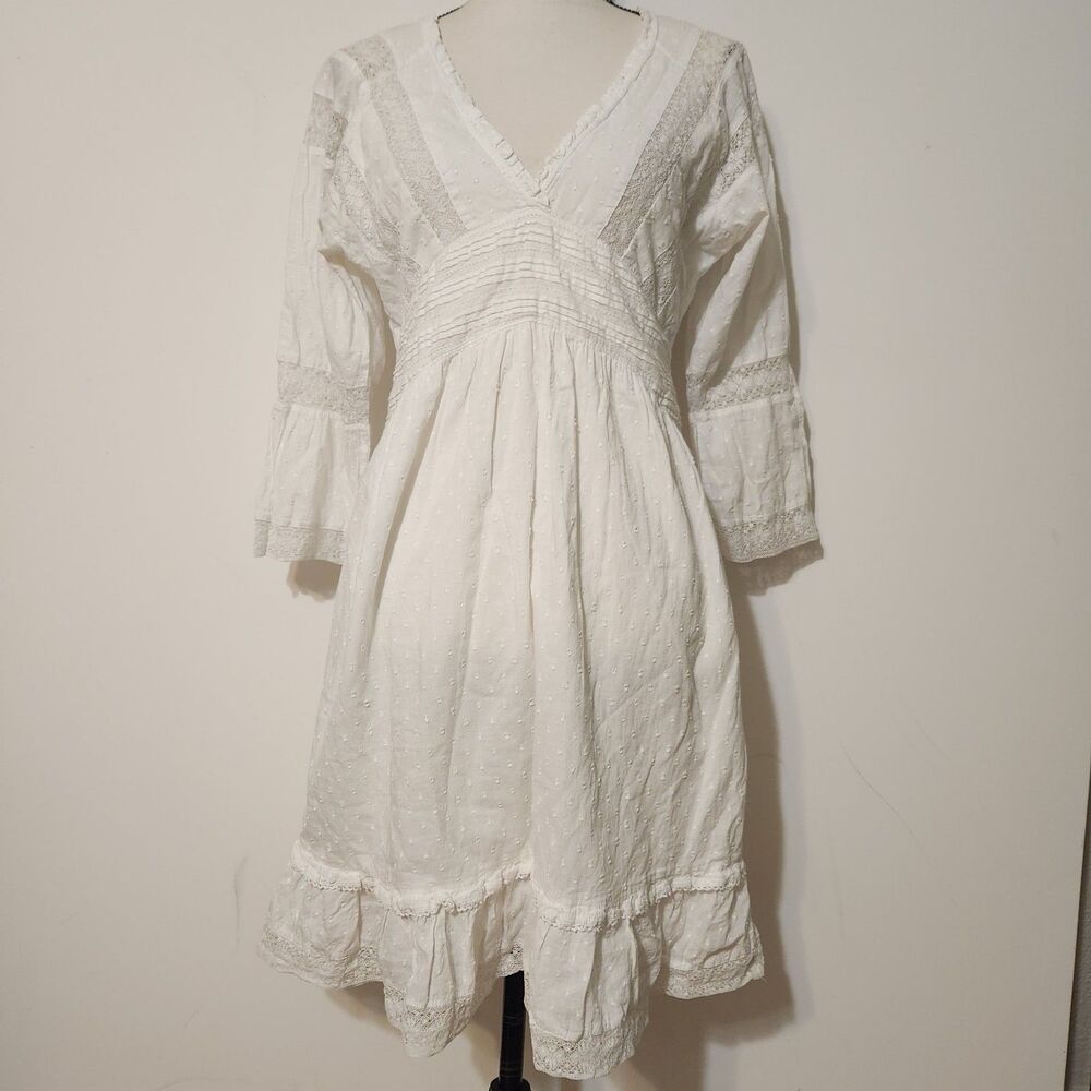 Sundance White Cotton Eyelet crochet accents Dress Cottagecore Boho sz M